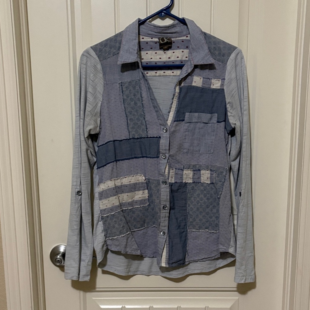 Anthropologie One September Patchwork Button-Up Shirt in Soft Blue Tones